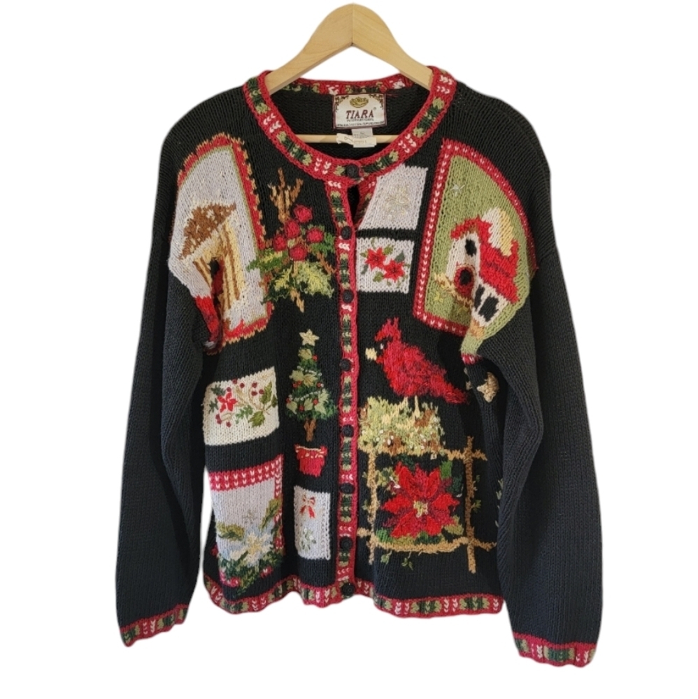 Vtg Tiara 3-D Knit Ugly Sweater Cardigan Sz L Cottagecore Heavy Knit Home Trees